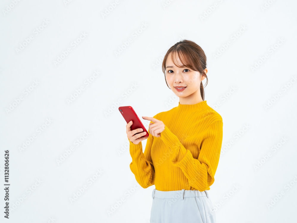 Poster スマホ、女性、スマートフォン、アプリ、SNS、メール、カジュアル、日本人、通販、DX、インターネット、検索、オンライン、web、予約、ポイント、キャンペーン、クーポン、美容、笑顔、かわいい、美人、カメラ目線、若い、20代、モバイル、IoT、IT、カラフル、おしゃれ、ファッション、操作、タッチ、デジタル、データ、通信、ビジネス、キャリア、情報、ニュース、マッチング、動画、ポジティブ、上半身、携帯電話