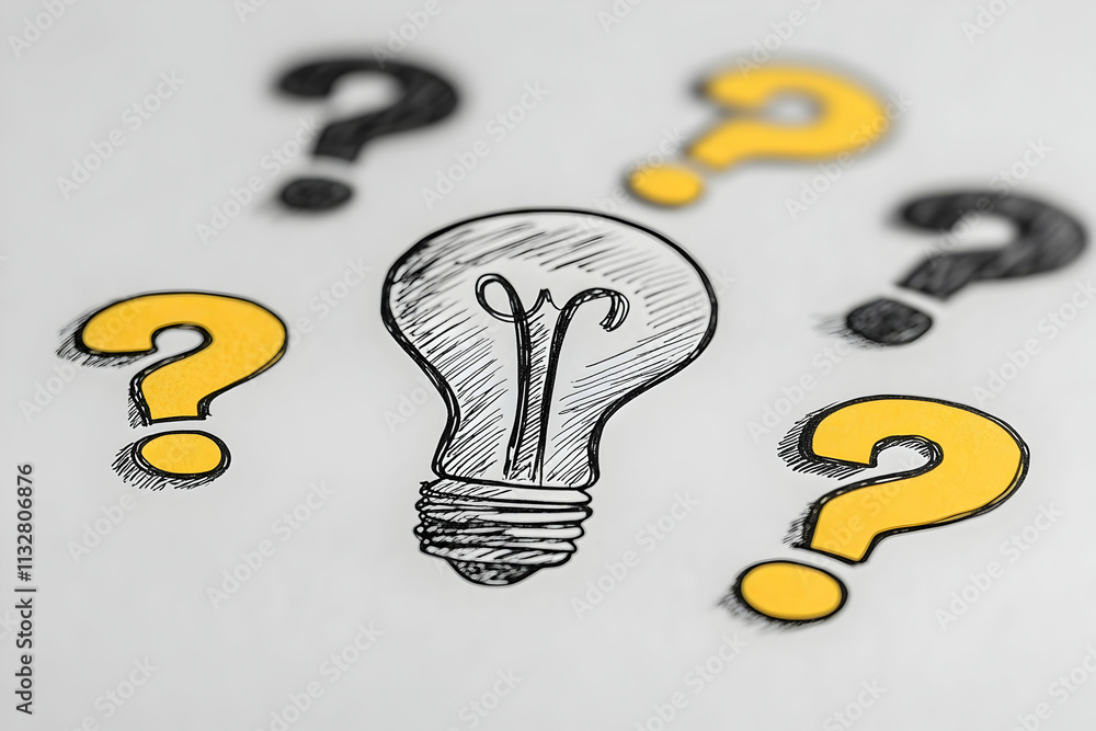 Poster sketch of lightbulb surrounded by question marks.