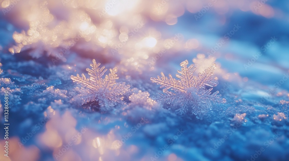 Poster delicate snowflakes sparkle on a frosty surface, creating a serene winter scene.