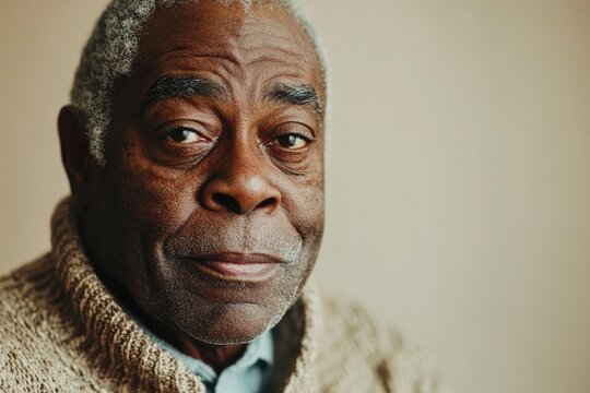 Close-up portrait of a thoughtful, elderly Black man with graying hair and a gentle expression. - Powered by Adobe