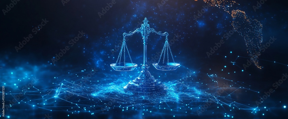 Poster digital representation of justice scales in a futuristic setting.