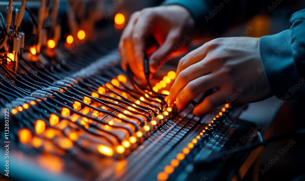 Poster Hands adjusting cables on a control panel with glowing indicators.