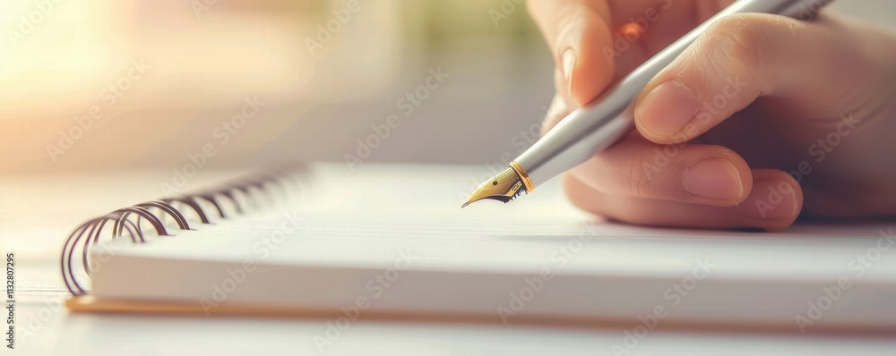 Aufkleber writing in a notebook with a pen.