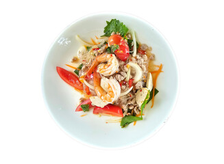 Spicy Glass Noodle Salad, mixed shrimp with minced pork (Thai call Yum Woon Sen). high angle view. on transparent background © Tanu4869