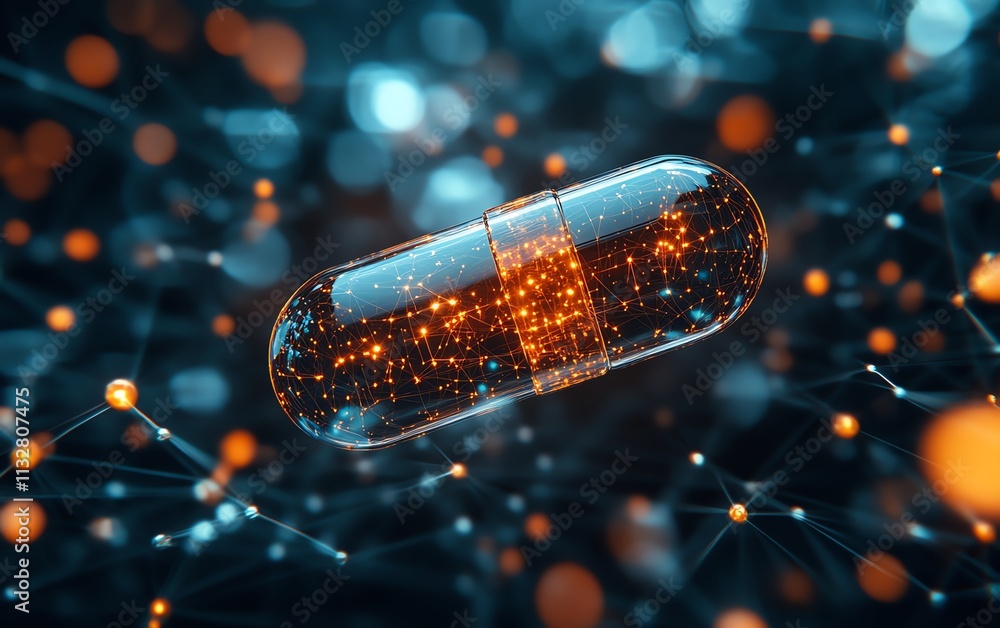Aufkleber a pill floating in a virtual network of connected nodes, symbolizing the precision and accuracy of a