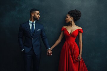 Elegant couple in formal wear, holding hands against a dark background.