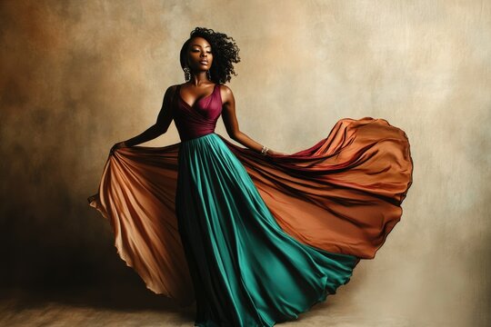 A Black woman in a flowing teal and brown gown, poses dramatically against a textured background.