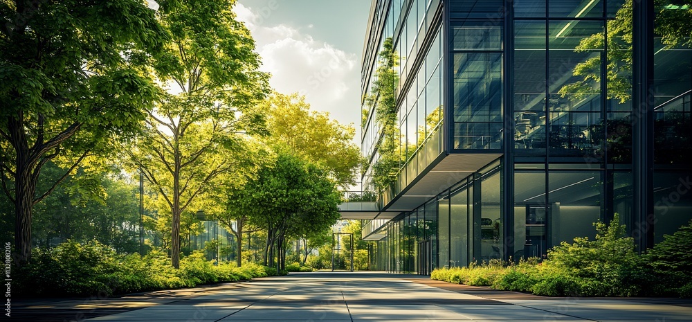 Poster modern building surrounded by lush greenery and a serene pathway.