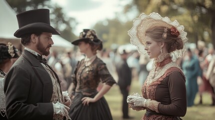 Couple in period attire converse; outdoor setting.