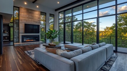 Fototapeta premium Spacious modern living room with large windows and scenic view