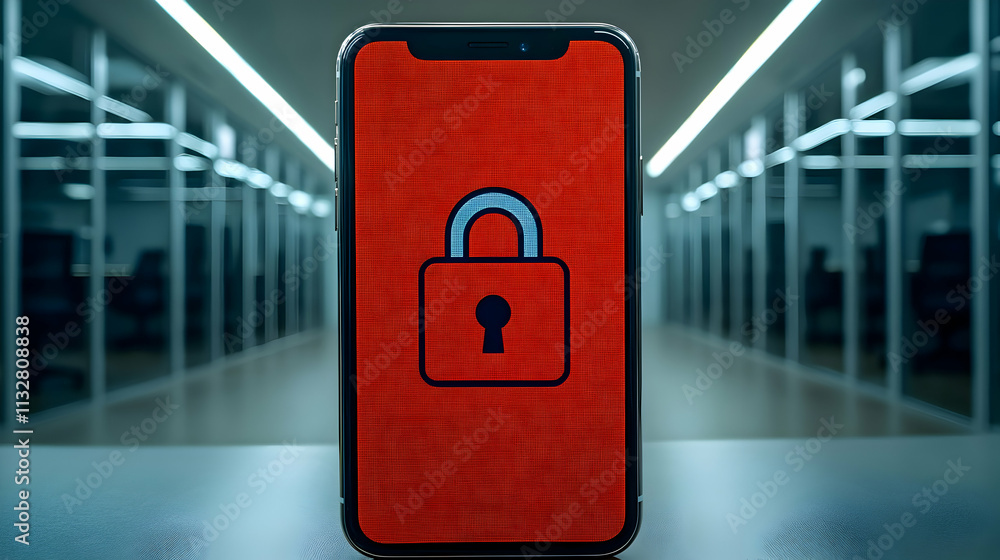 Poster smartphone displaying a red lock screen in a server room.