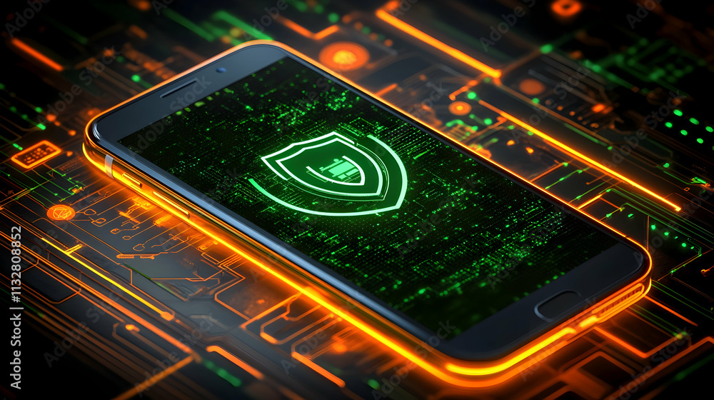Poster smartphone displaying digital shield on circuit board.