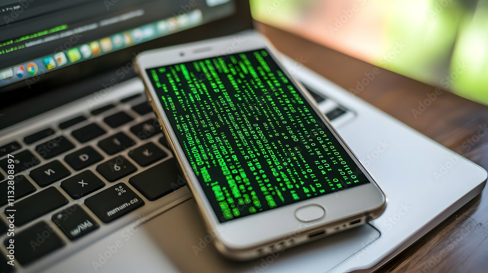 Poster smartphone displaying green code on laptop.