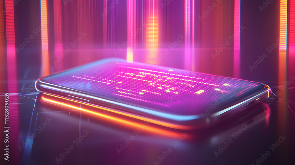 Poster smartphone displaying vibrant data streams in neon light.