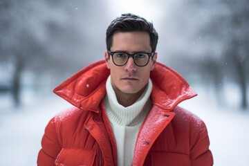 Portrait of a fashionable man braving the cold in a snowy park, wearing a vibrant red winter jacket and stylish glasses