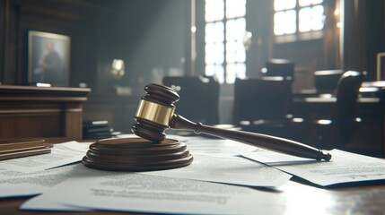 Obraz premium Wooden Gavel in Courtroom on Documents with Natural Light Streaming