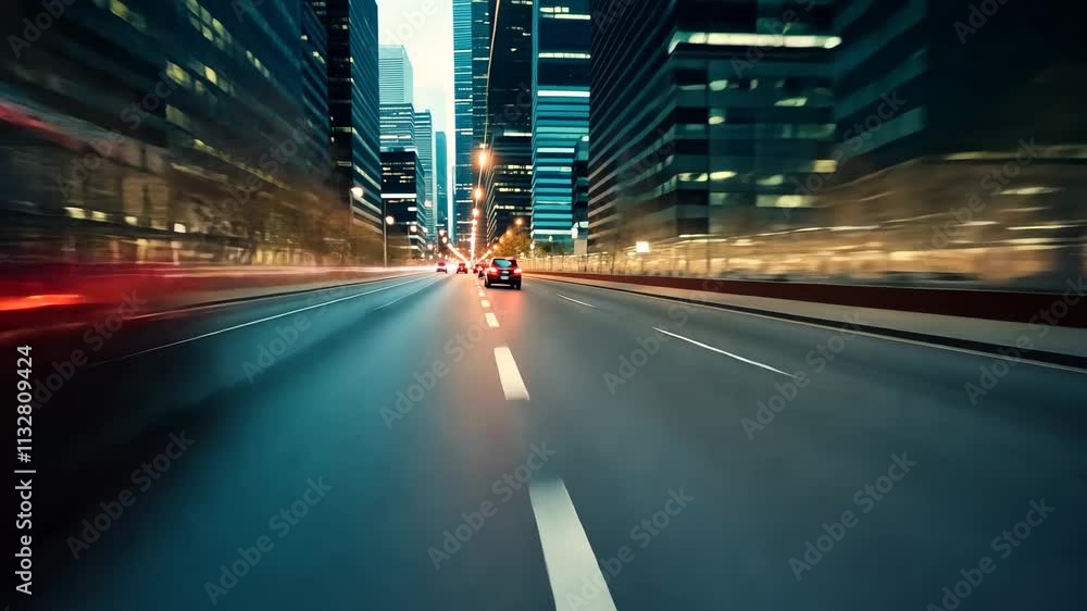 Poster fast-paced view of city streets with tram in motion during evening hours in an urban setting