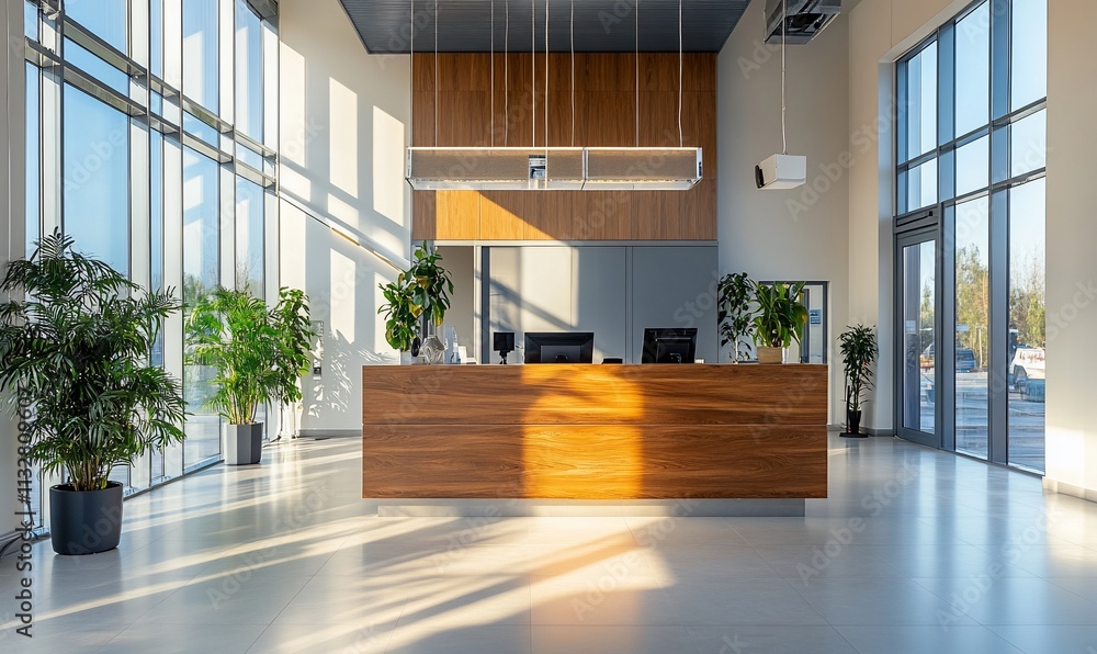 Poster modern reception area with large windows and wooden front desk.