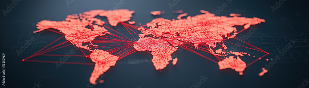Poster world map with red strings connecting various locations, symbolizing global connections and networks. intricate design highlights interconnectedness of regions