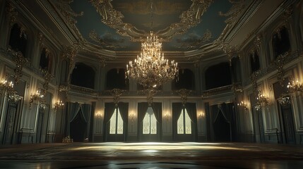 Obraz premium A Large Ornate Room with a Chandelier Hanging From the Ceiling