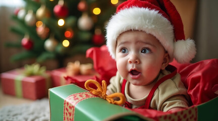 Baby  in Santa hat nestled inside a Christmas gift box, playfully posing as the cutest holiday surprise, radiating warmth and festive cheer