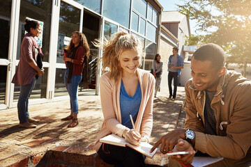 Tutor, learning and college with students in outdoor for studying, writing and scholarship. Campus,...