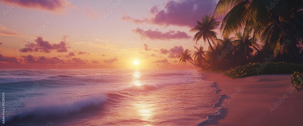 Poster serene beach sunset with palm trees and gentle waves.