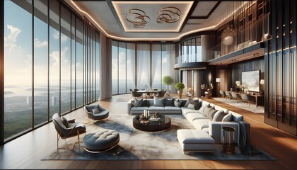 Fototapeta premium Spacious Living Room with Large Windows and Artistic Ceiling Designs