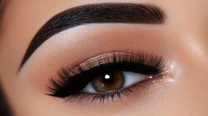 Obraz premium Close-up of Beautiful Eye Makeup with Long Lashes and Glossy Finish