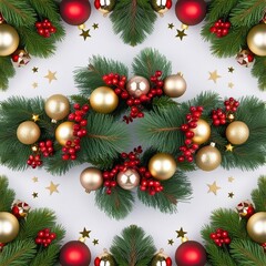 Christmas creative composition with fir green branches, red berries, golden baubles and stars, isolated on white Christmas celebration generative Ai 