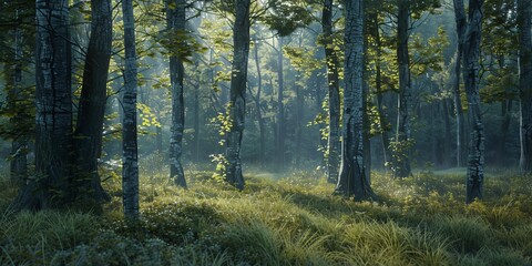 Fototapeta premium The Enchanted Forest of Reflective Bark, A Mystical Grove of Mirror-Like Trees 