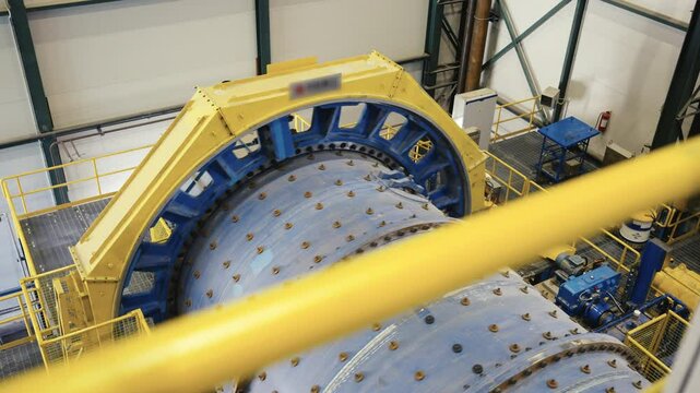 Large industrial ball mill with yellow and blue components inside a modern factory setting, showcasing engineering precision and machinery scale. Concept of heavy industry and mining technology