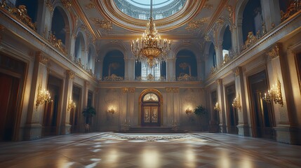 Obraz premium A Large Ornate Room with a Chandelier Hanging From the Ceiling
