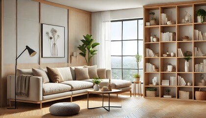 Fototapeta premium Bright Living Room with Large Window and Bookshelf