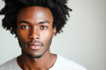 Obraz premium Close-up portrait of a young Black man with a serious expression and afro hairstyle.