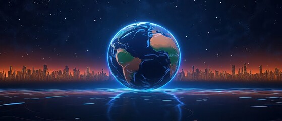 Fototapeta premium A stunning digital representation of Earth against a city skyline.