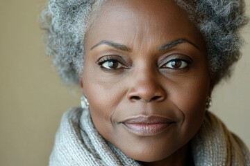 Close-up portrait of a serene older woman with gray hair, showcasing her calm and composed expression.
