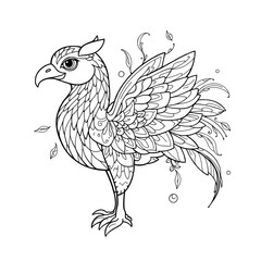 Naklejka premium Mystical Phoenix Illustration: A detailed, black and white line art illustration of a phoenix with intricate patterns on its feathers and body. Perfect for coloring books, tattoo designs.