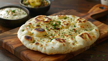 Freshly baked naan bread with herbs on a wooden cutting board.