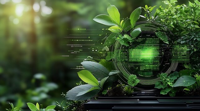 Conceptual Visualization of Eco Friendly Technology Innovation with Glowing Data Overlays