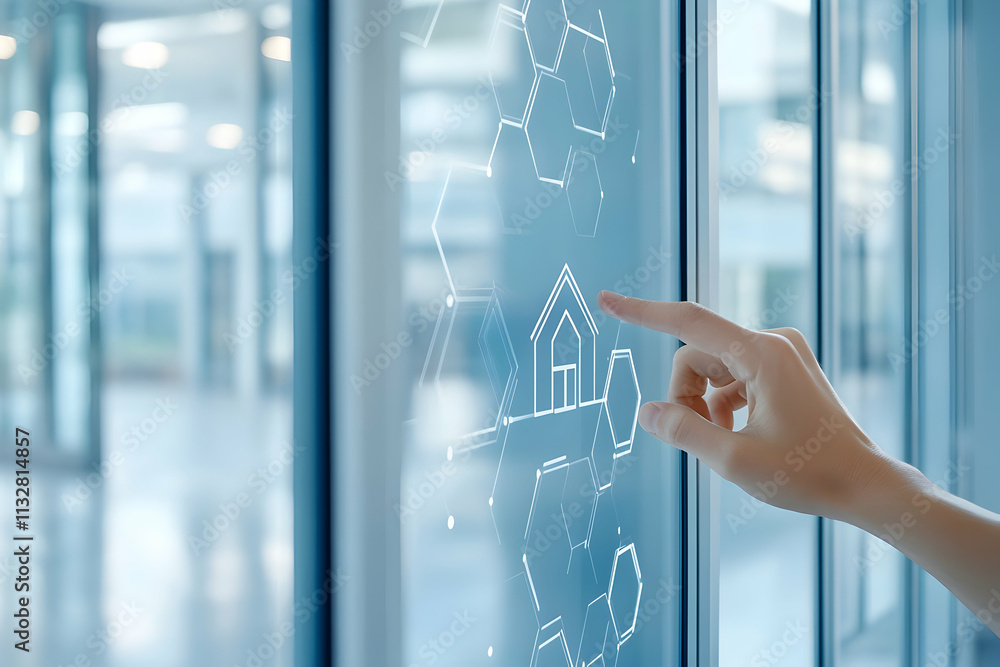 Poster hand interacting with smart home interface on a transparent screen.