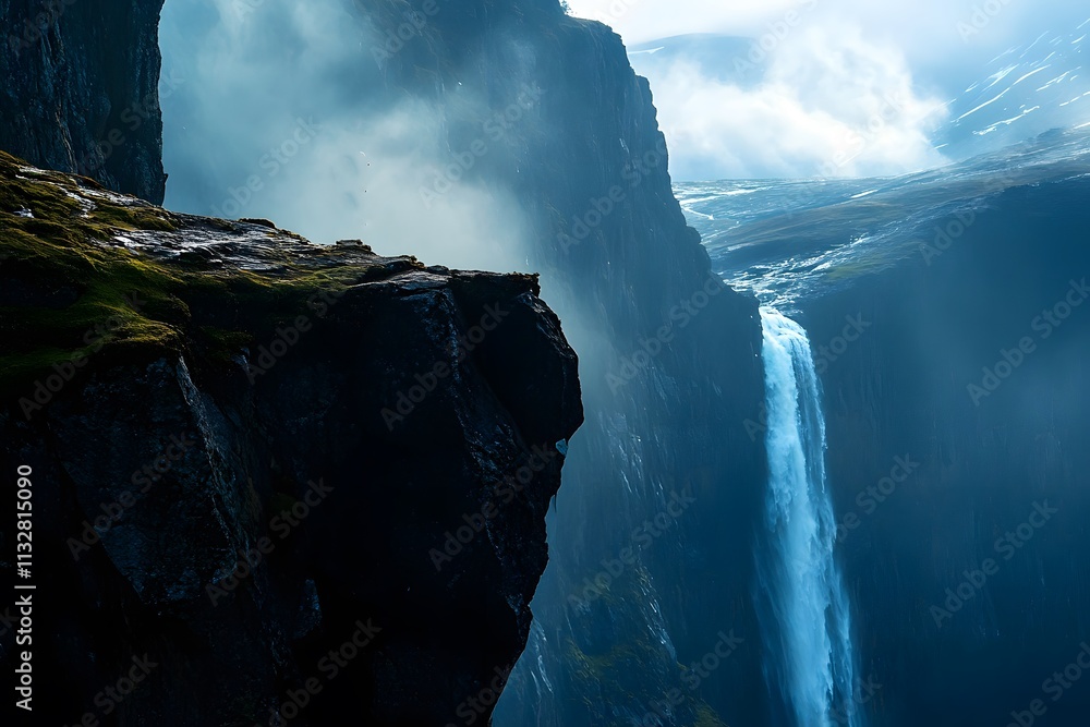 Poster majestic waterfall cascading down rugged cliffs surrounded by misty atmosphere and dramatic landscap