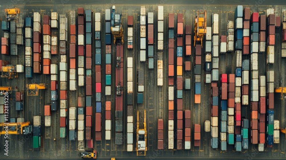 Poster aerial view of a busy shipping yard filled with colorful containers and cranes, illustrating the log