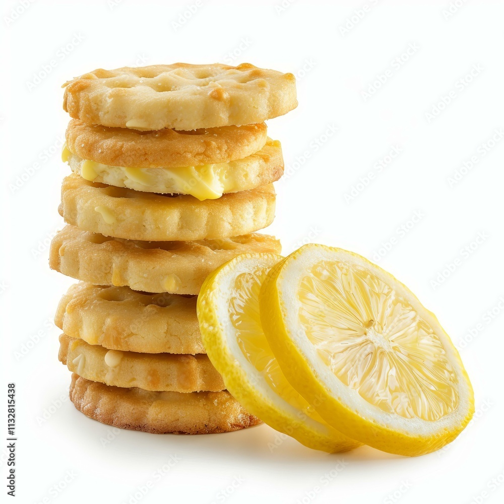 Poster round lemon cookies stacked high with lemon filling and lemon slices on a white background