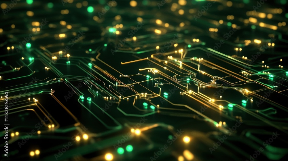 Poster a futuristic circuit board pattern with green and gold lines and nodes, forming a complex, technical