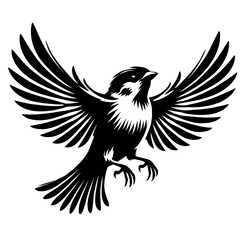 Black and white illustration of a bird in flight.