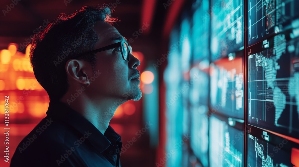 Poster a focused individual analyzes digital data on large screens in a high-tech environment, illuminated 