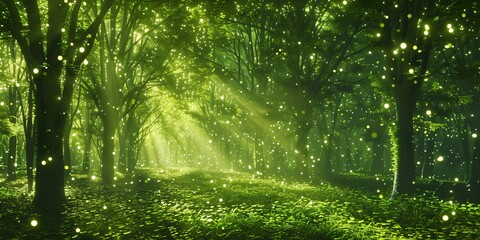Obraz premium A Lush Forest Filled with Verdant Trees, The Enchanted Forest of Leafy Trees, A Dense Forest Canopy of Green Leaves 