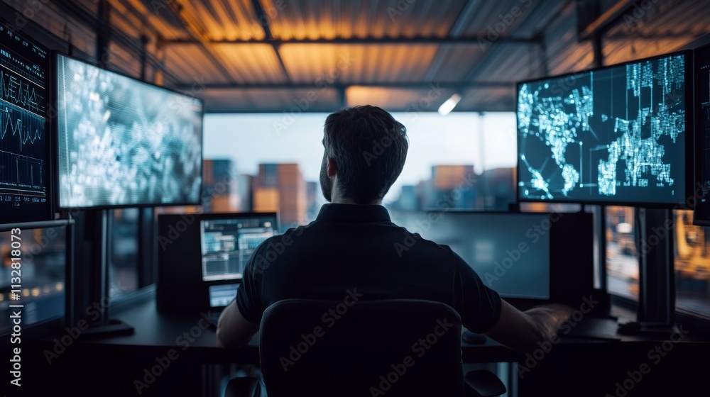 Poster a person sits in front of multiple screens, immersed in data analysis, with a city skyline visible i