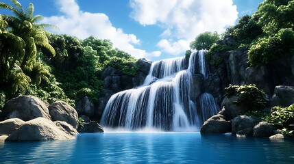 Fototapeta premium A clean white-style image of A photorealistic image of a majestic waterfall cascading down a rocky cliff. 